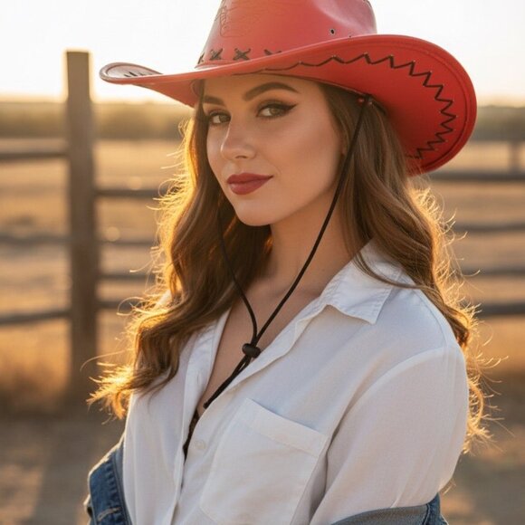 Red Faux Leather Cowboy Hat with Embossed Bull Logo & Black Stitching - Picture 7 of 8